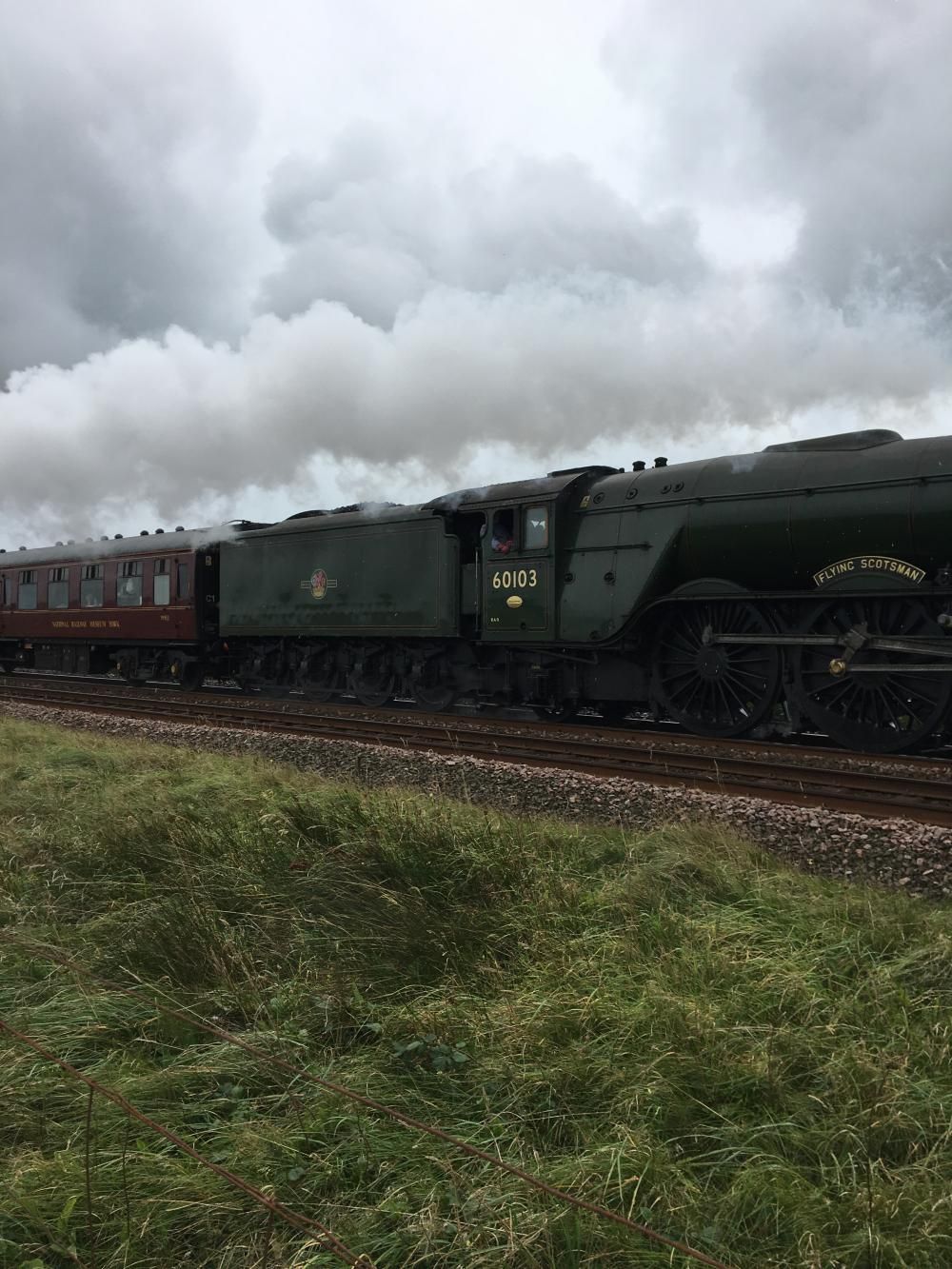 Steam locomotive pulling cars along tracks under a cloudy sky.