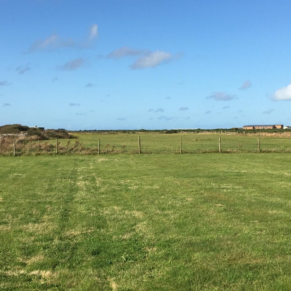 Grassy field under a blue sky with a low fence and distant buildings on the horizon