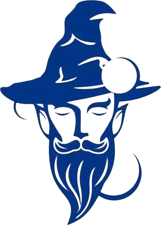 Blue line-art illustration of a wizard with a pointed hat, beard, and monocle