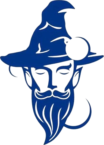 Blue line-art illustration of a wizard with a pointed hat, beard, and monocle