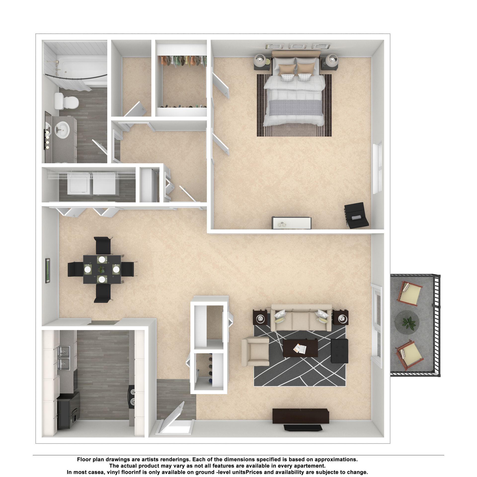 A 3D floor plan of a three-bedroom, two-bathroom apartment featuring an open living area and a patio.