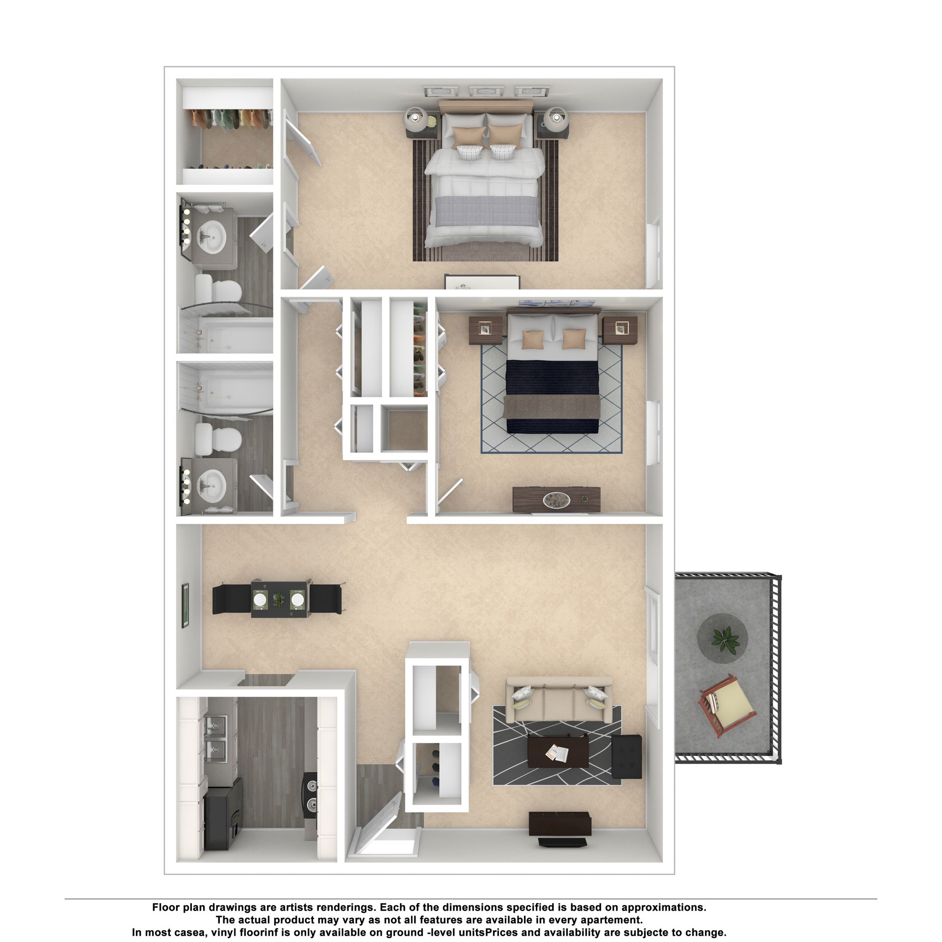 Floor plan of a two-bedroom, two-bathroom apartment with an open-concept living area and a balcony.