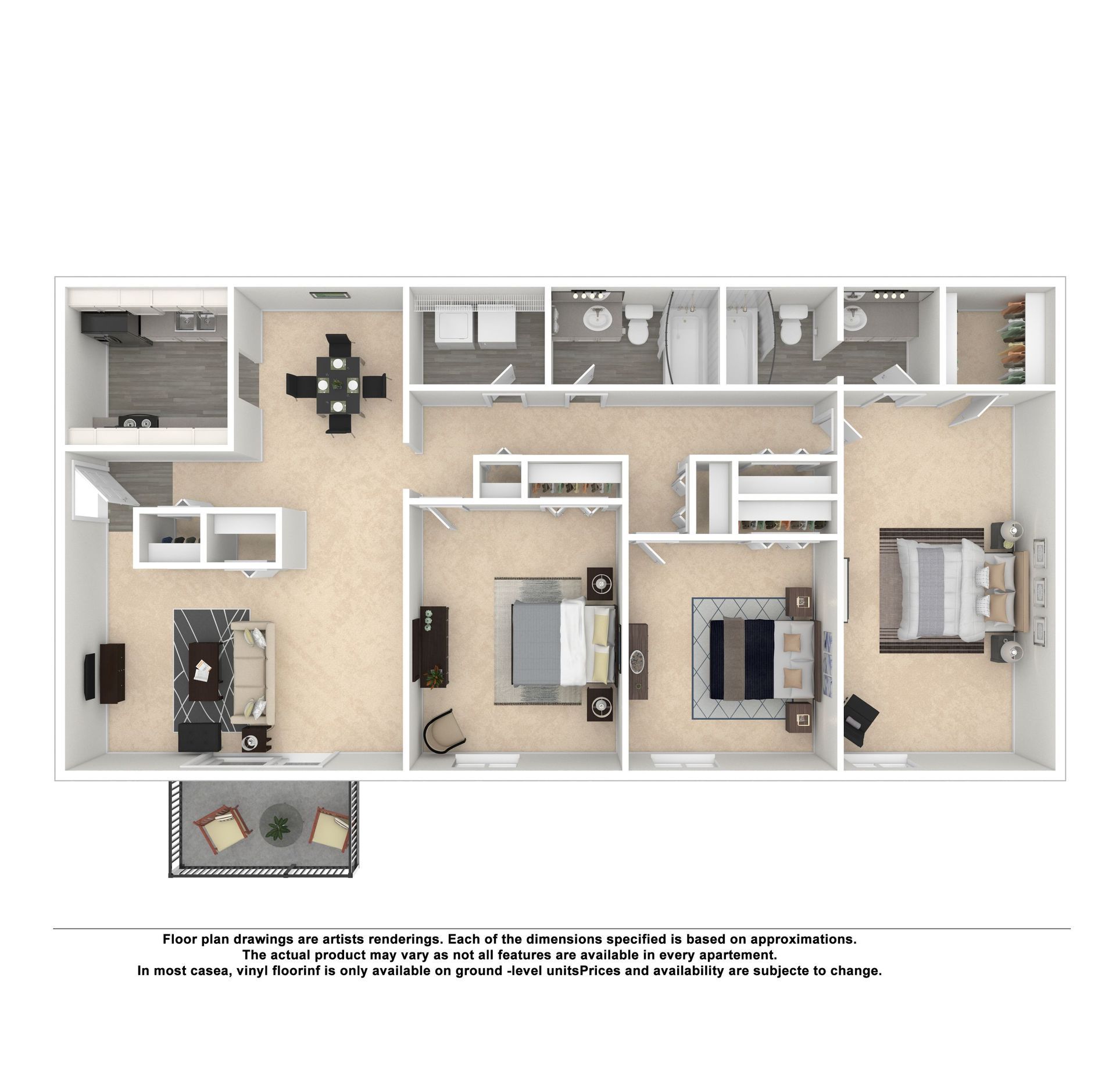 A top-down floor plan of a three-bedroom, two-bathroom apartment featuring an open kitchen, dining, and living area.