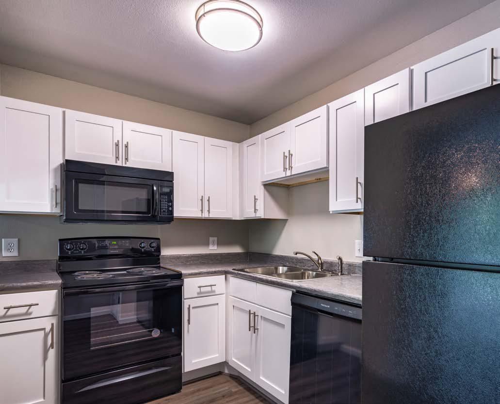 Compact black-and-white kitchen with stove, microwave, dishwasher, and refrigerator under white cabinets.