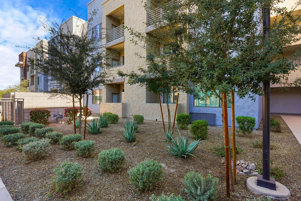 Parc Lofts view of a modern apartment building with desert landscaping and trees.