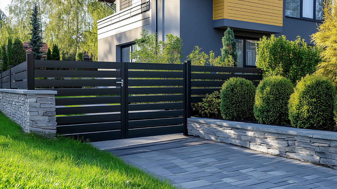 Modern house entrance with black gate, stone walls, and green lawn in sunlight