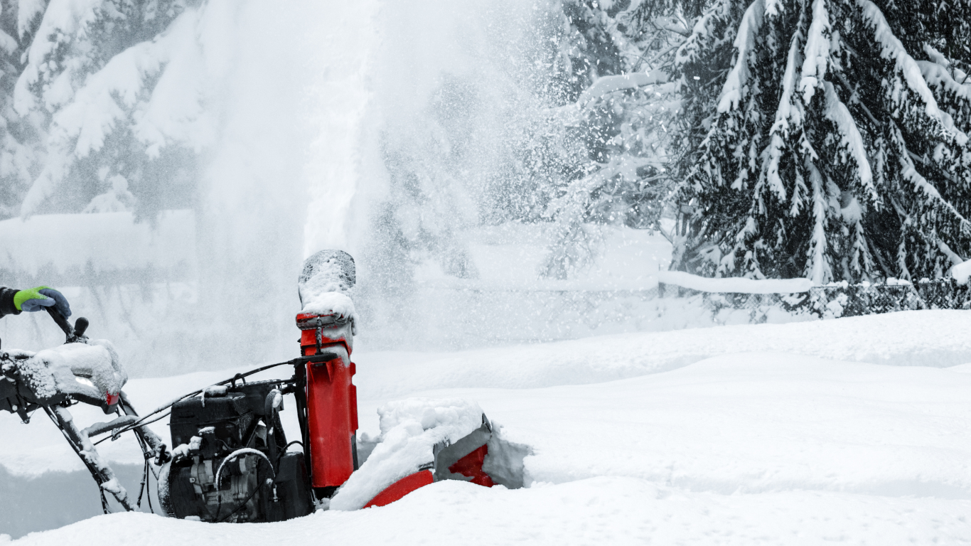 Snow-covered red snowblower clearing a path in a snowy forest.