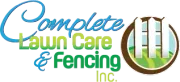 Complete Lawn Care & Fencing Inc. logo with blue, green, and brown text and a circular fence emblem
