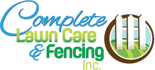 Complete Lawn Care & Fencing Inc. logo in blue, green, and brown with a circular fence emblem