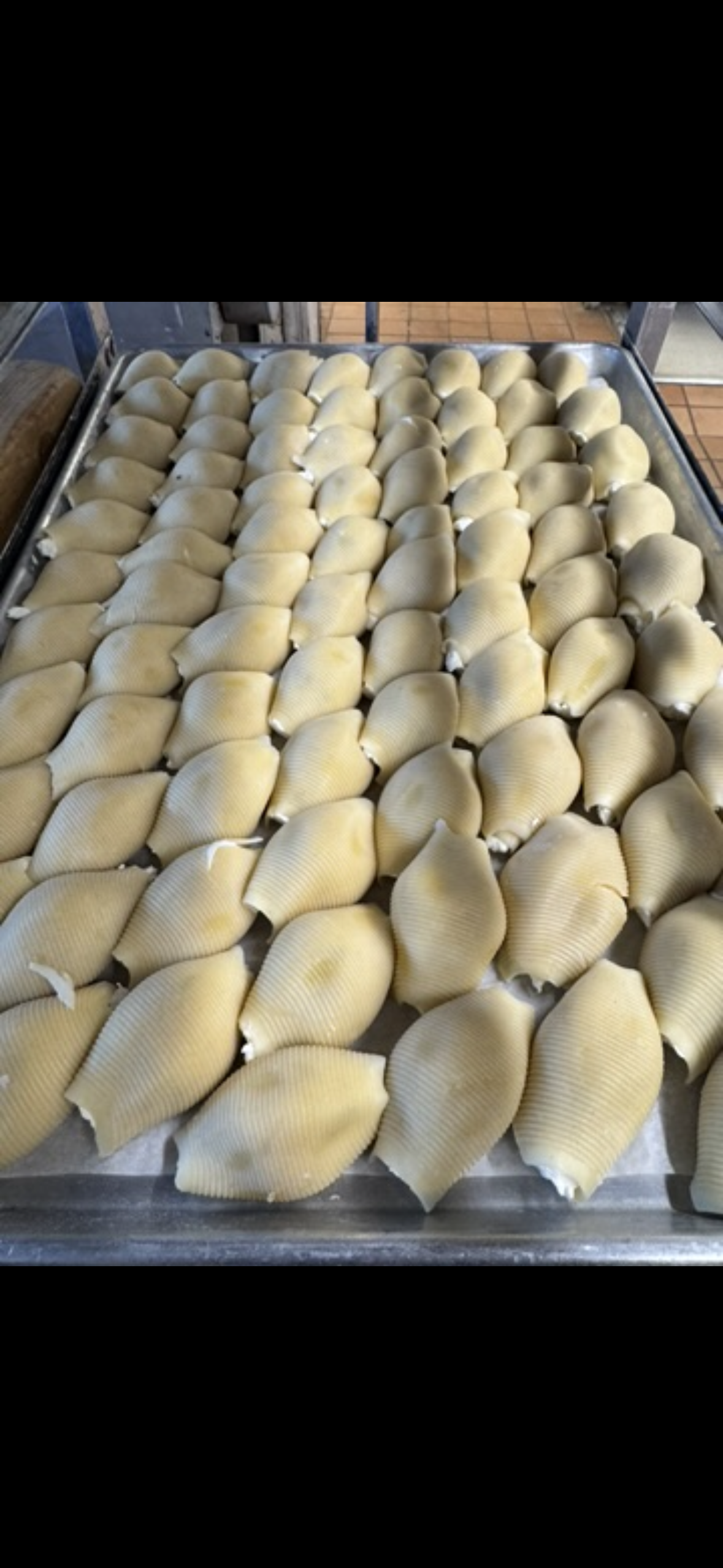 Tray of neatly arranged unbaked shell-shaped dough pieces on a baking sheet