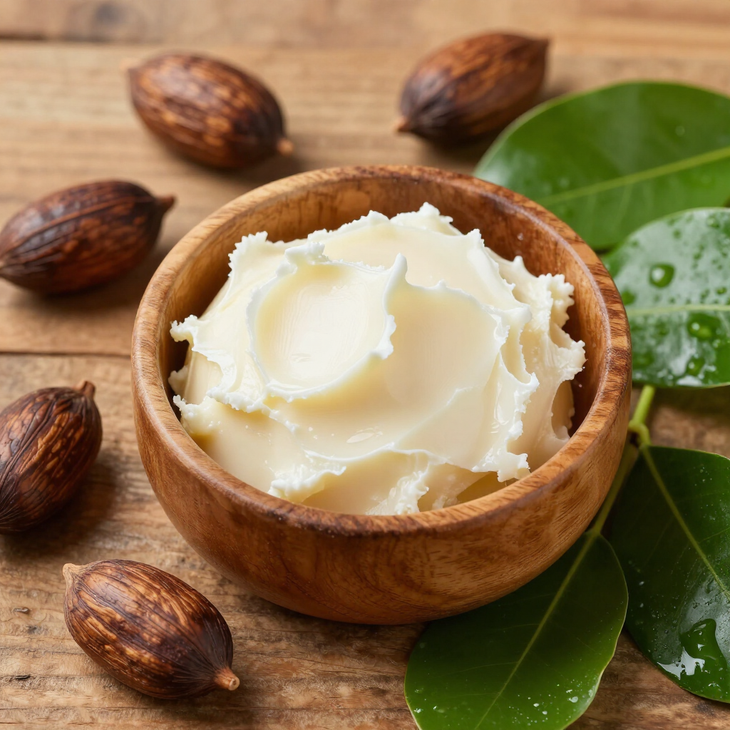 A wooden bowl filled with creamy shea butter, surrounded by shea nuts and green leaves on a wooden table.