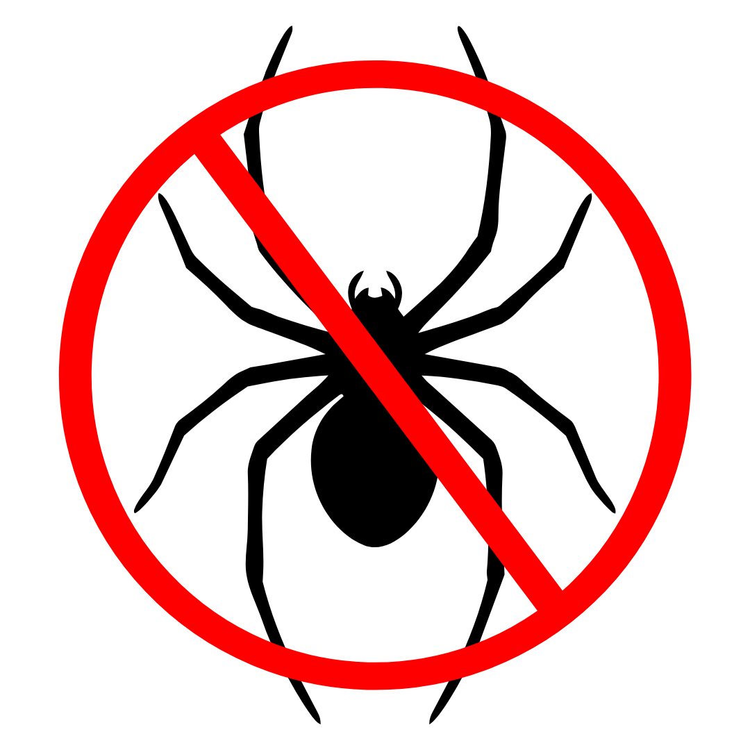 A black spider silhouette inside a red circle with a diagonal slash through it, signifying a prohibition of spiders.