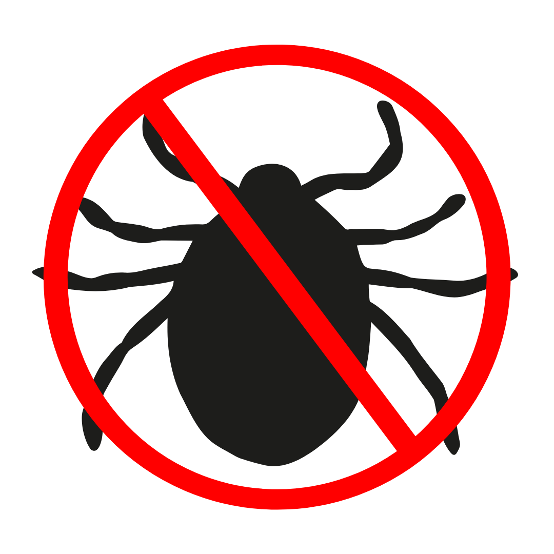 A black spider silhouette inside a red circle with a diagonal slash through it, signifying a prohibition of spiders.