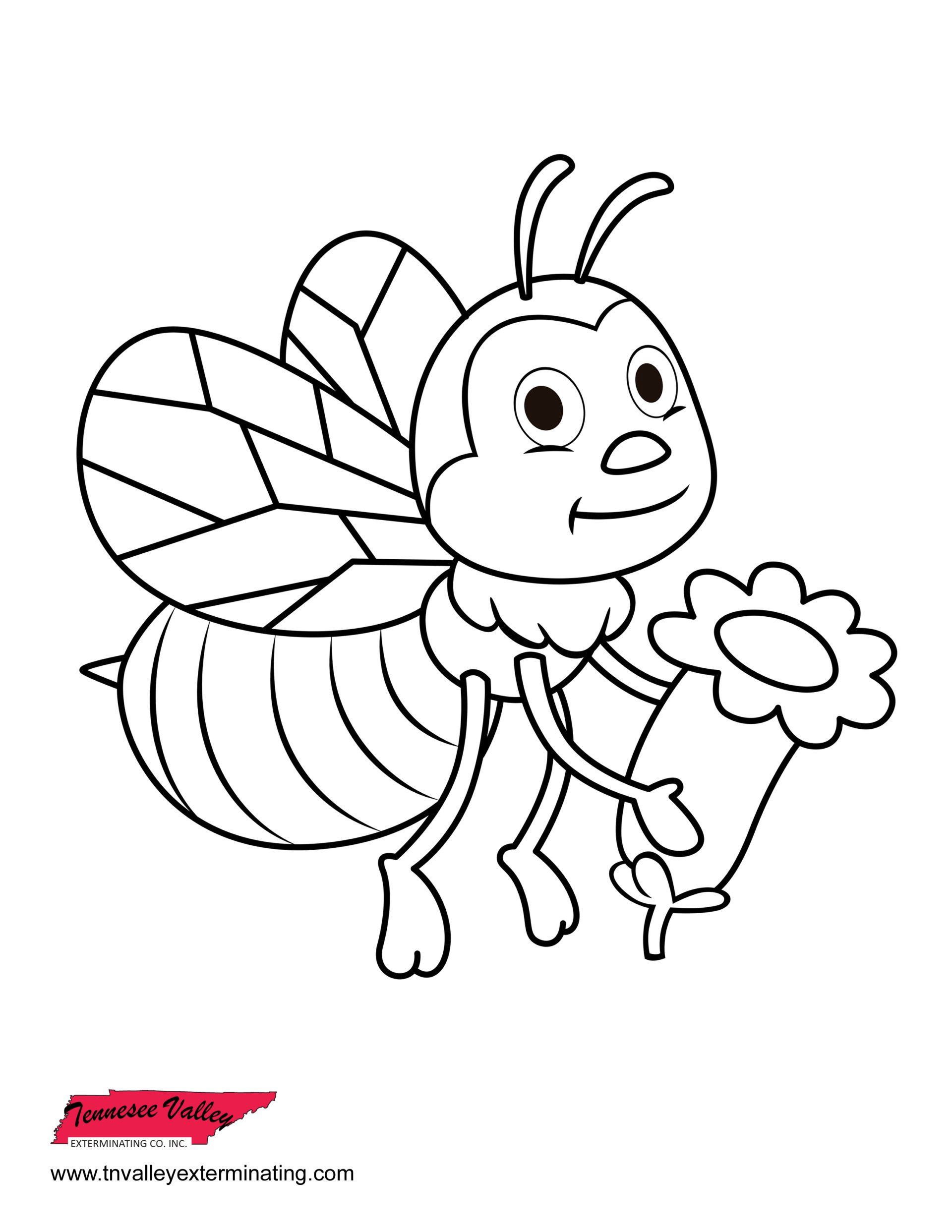A black-and-white line drawing of a friendly cartoon bee holding a flower.