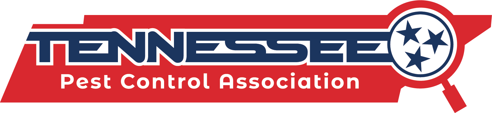 Logo for the Tennessee Pest Control Association featuring the text in blue on a red map outline with three white stars.
