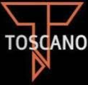 Logotipo da TOSCANO com formato geométrico T laranja sobre fundo preto.