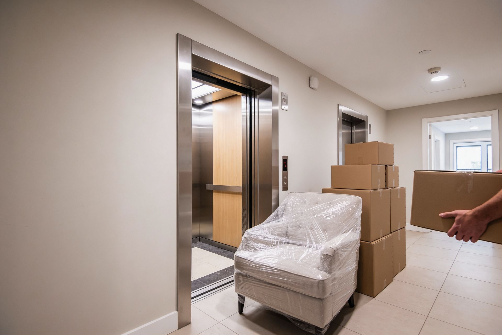 Apartment hallway with stacked moving boxes, a wrapped chair, and an open elevator door