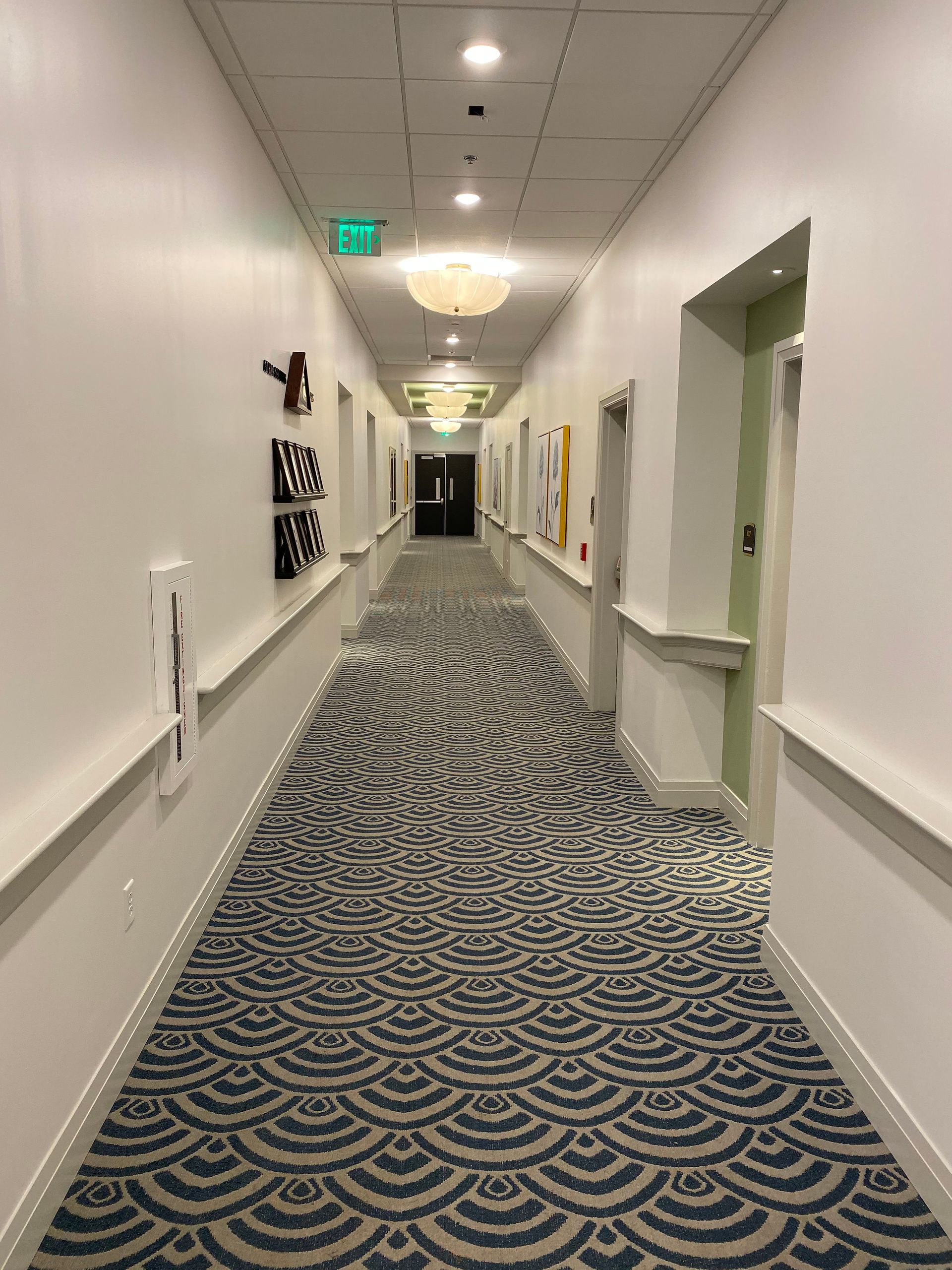 Empty hotel hallway with patterned carpet, white walls, and ceiling lights.