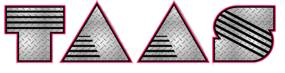 Stylized black-and-white striped letters spelling “TATAS” on a gray background with red outlines