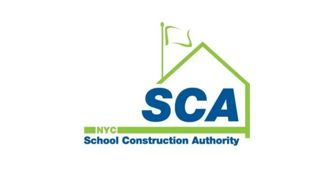 NYC School Construction Authority logo with blue SCA text and green roofline icon