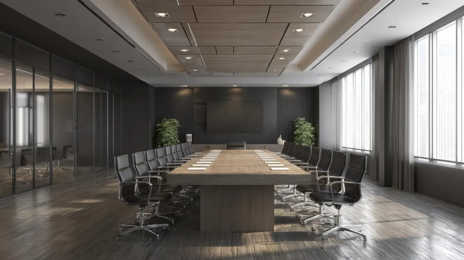 Modern conference room with long table, black chairs, and large windows