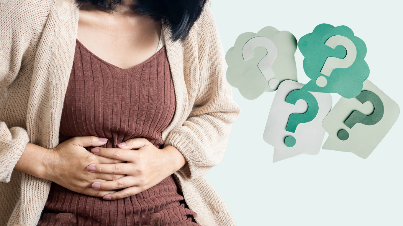 A graphic of a woman cluching her stomach next to a group of question mark speech bubbles