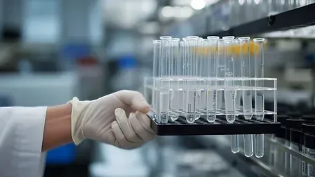 A scientist is holding a tray of test tubes in a laboratory.