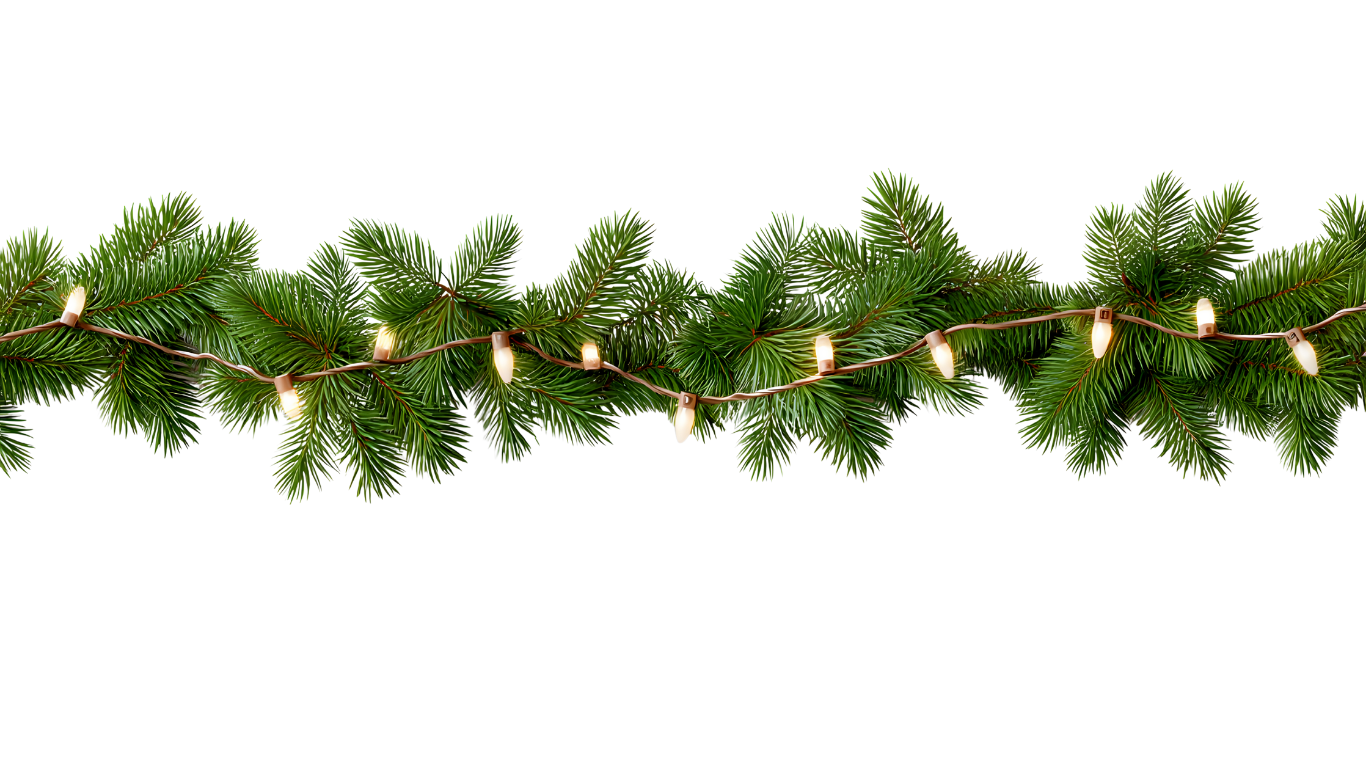 A green Christmas garland stretched across the screen with white holiday lights