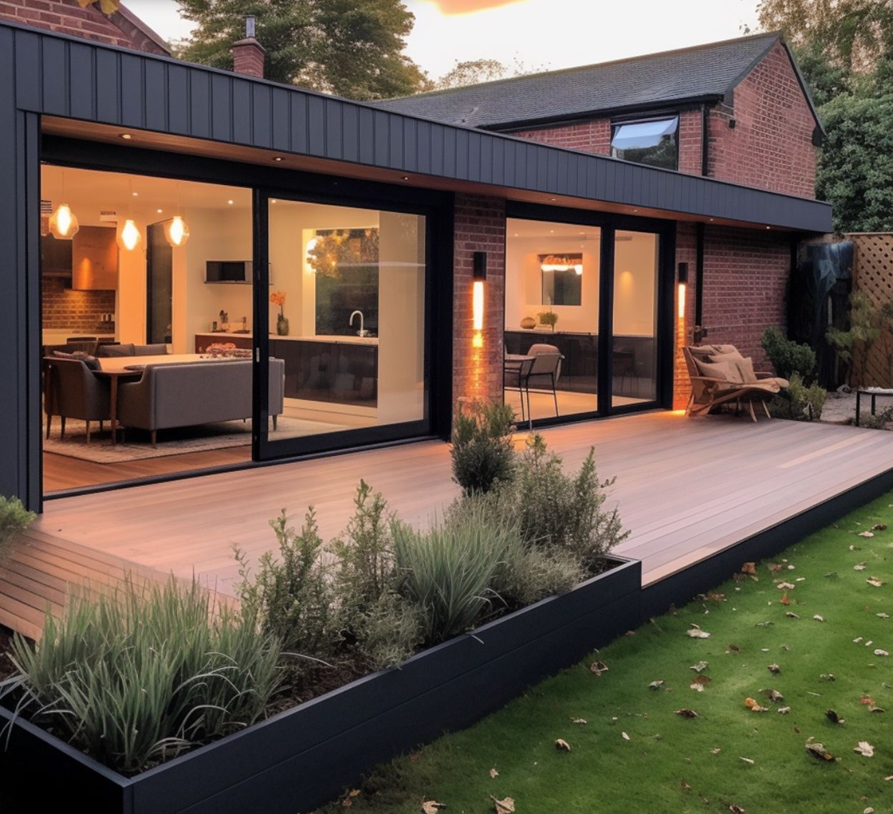 Modern home extension with sliding glass doors, deck, and landscaped garden.