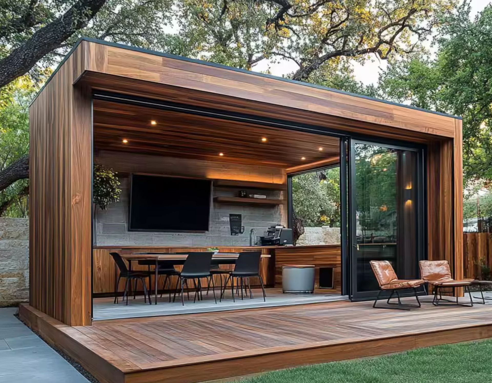 Wooden outdoor kitchen with a sliding glass door and deck, with seating and a TV.