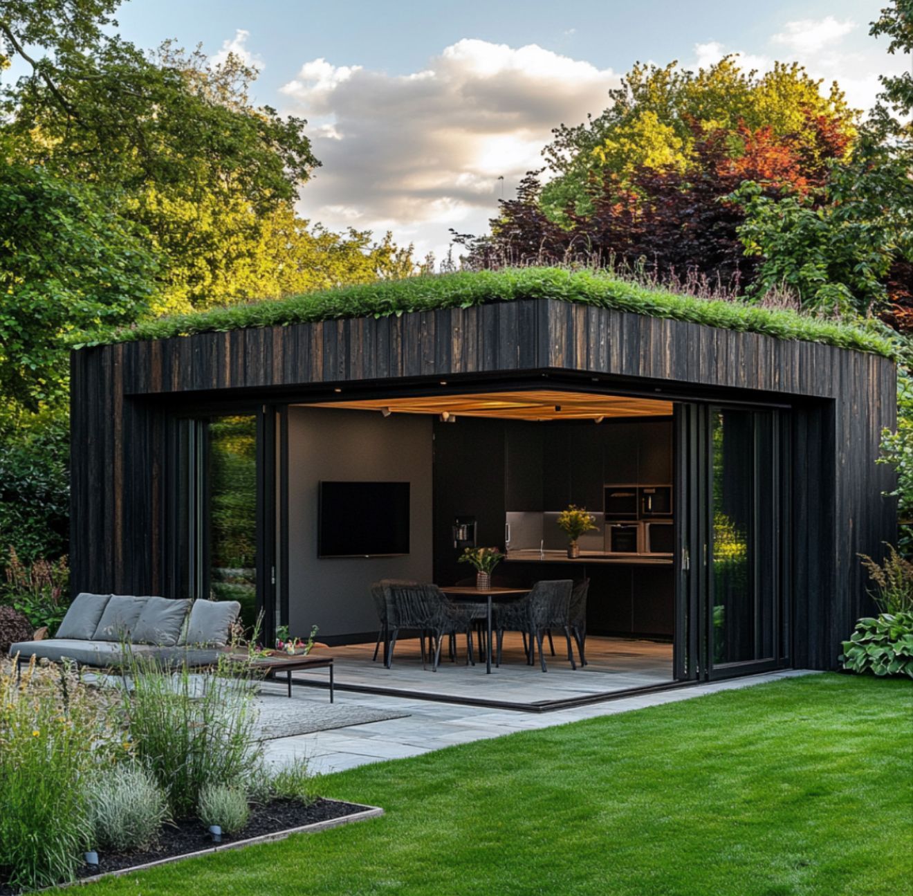 Modern wooden garden building with a green roof, open glass doors, and patio seating.