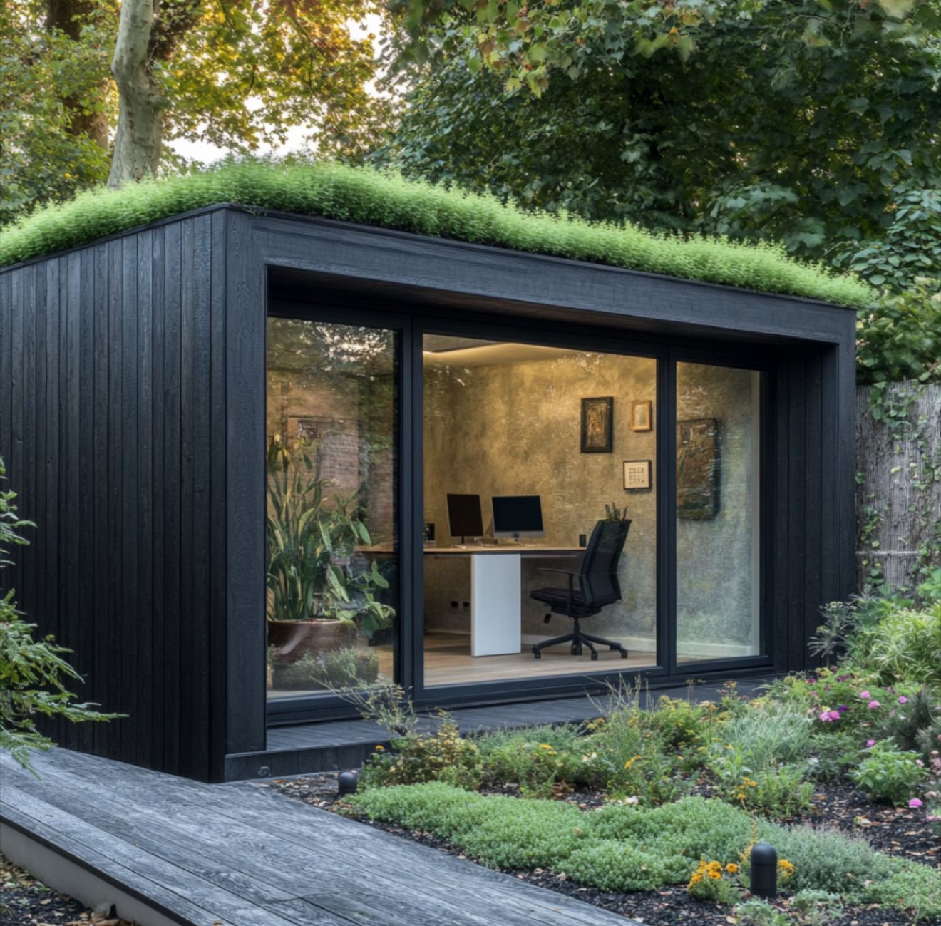 Black modern garden office with green roof and glass sliding doors.