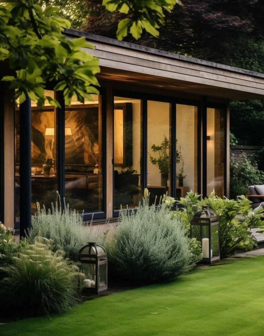 Modern glass-walled garden building with outdoor lanterns, surrounded by green shrubs and a lush lawn.