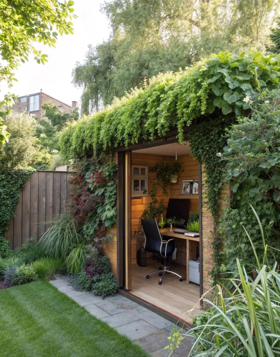 Garden office with green wall and foliage, open door reveals desk, computer, and chair.