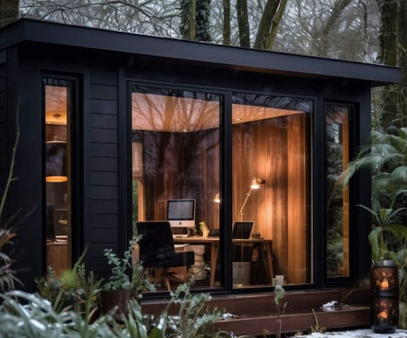 Black cabin with large windows overlooking a workspace; set in a wooded area with surrounding greenery.