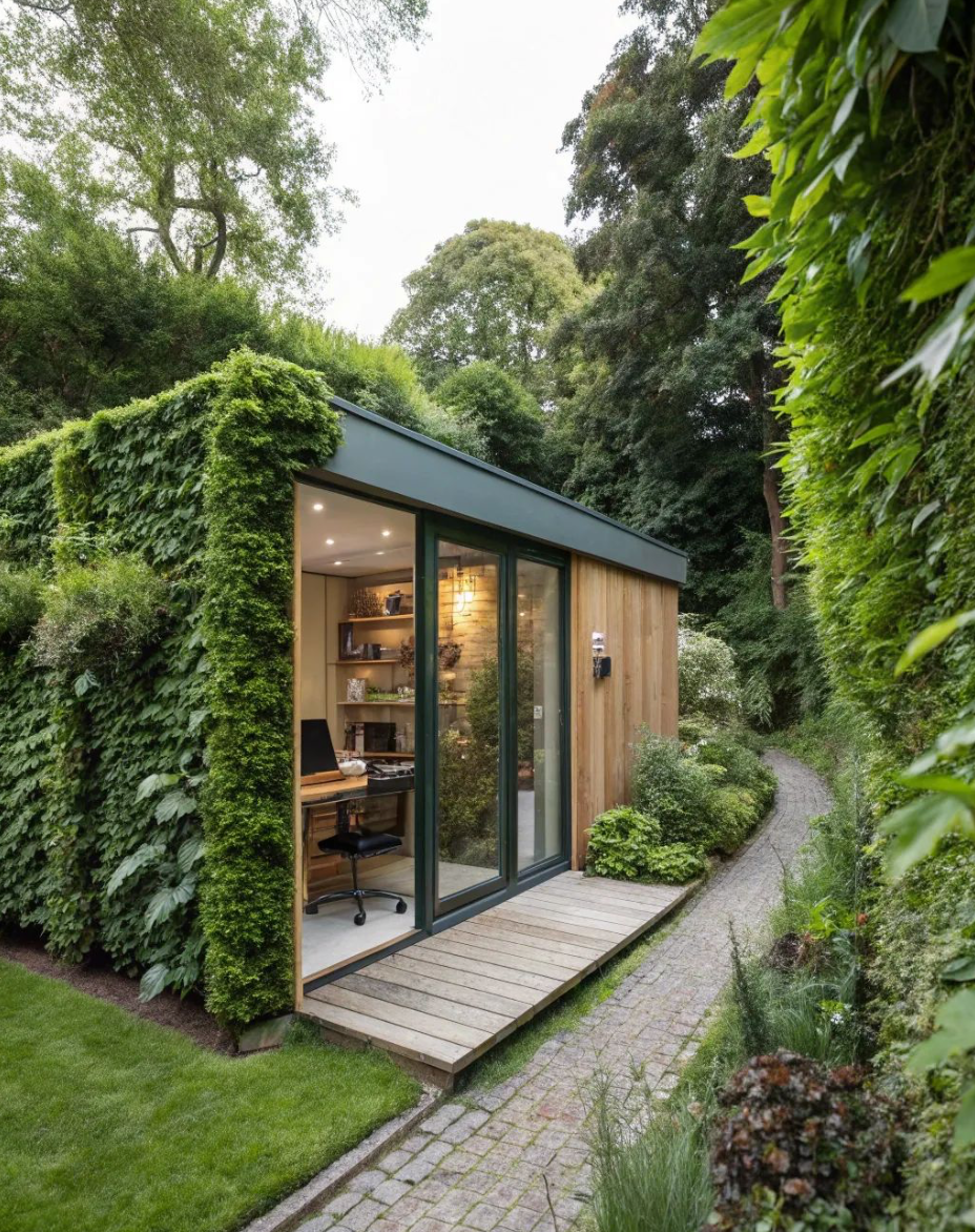 Outdoor office with ivy-covered walls and a wooden facade. A walkway leads to the glass doors.