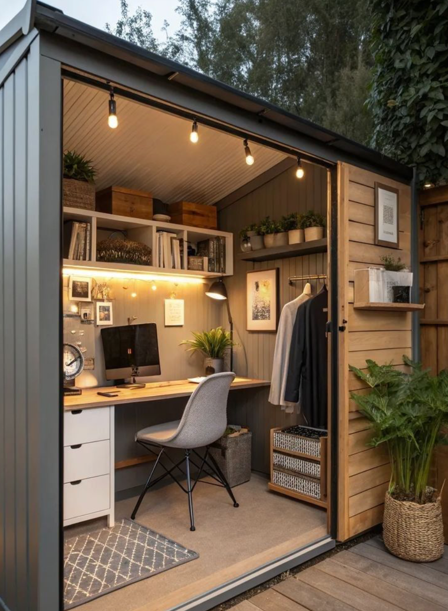 Cozy outdoor office shed with desk, shelving, clothes rack, and decorative plants. Features warm lighting and a neutral color scheme.