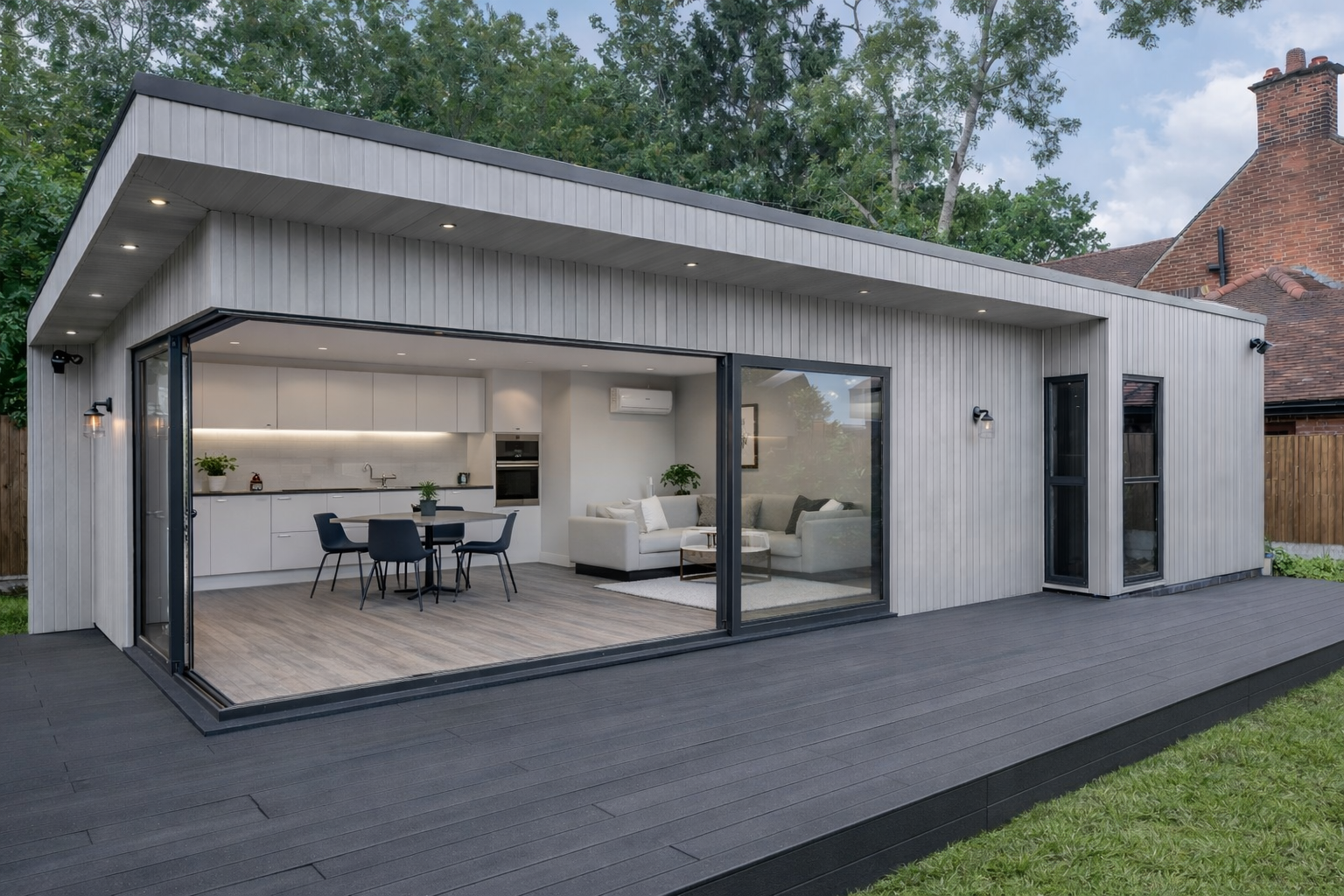 Modern, light gray garden room with open glass doors, deck, interior visible: kitchen, dining, living area.