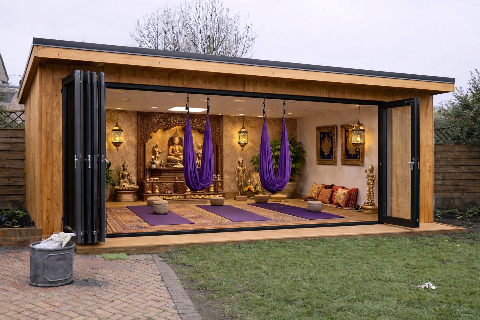 Wooden outdoor yoga studio with open folding doors, purple aerial hammocks, and meditation altar.