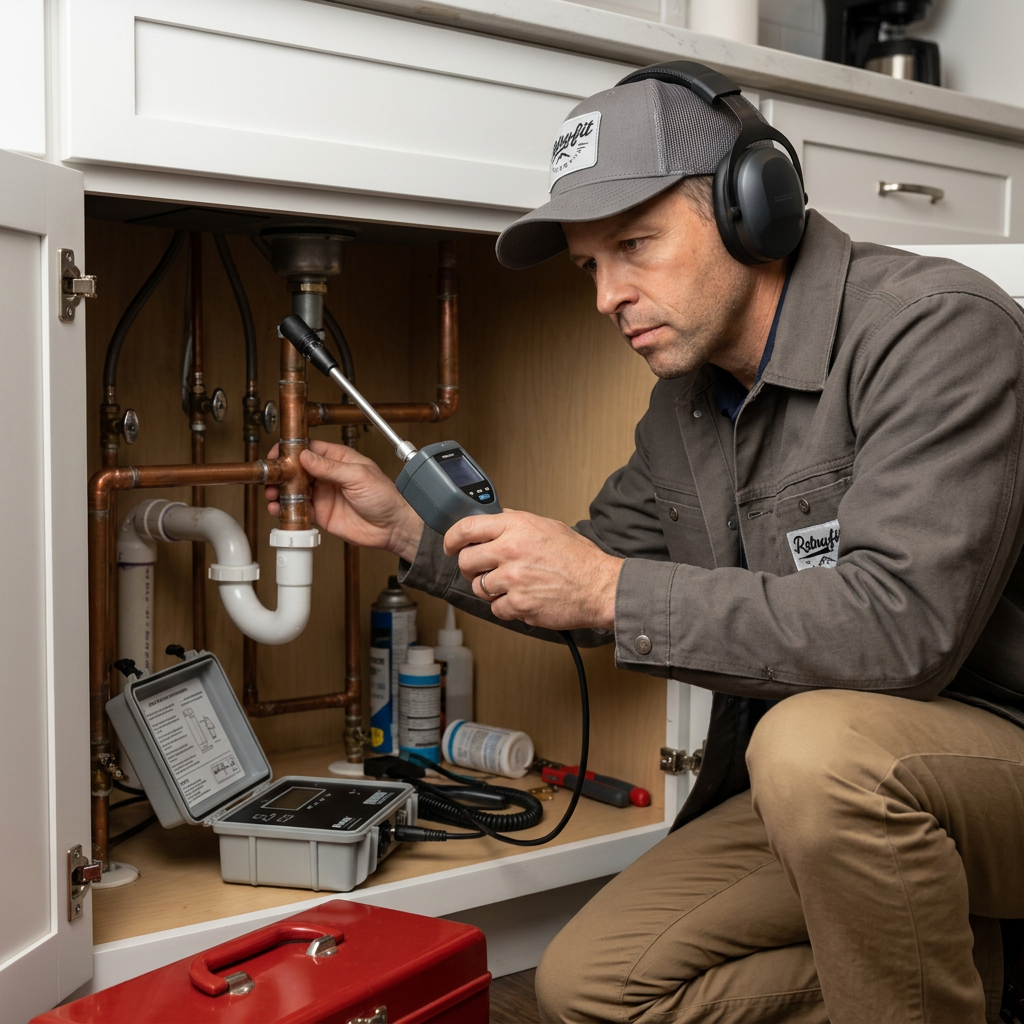 Plumber detecting leaks on a property