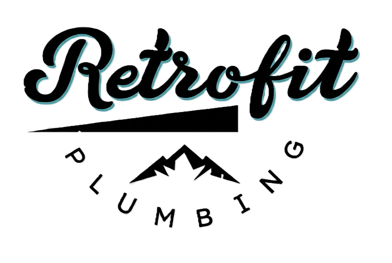 The logo for Retrofit plumbing is teal and black