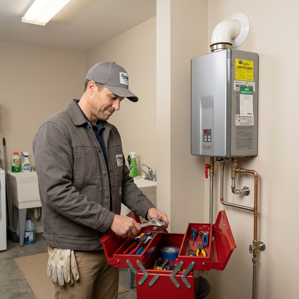 Tankless water heater on wall being installed