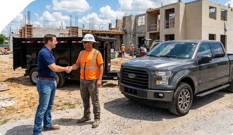 Two workers shake hands at a construction site beside a black pickup truck.