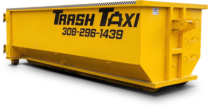 Yellow Trash Taxi dumpster with black logo and phone number on a white background