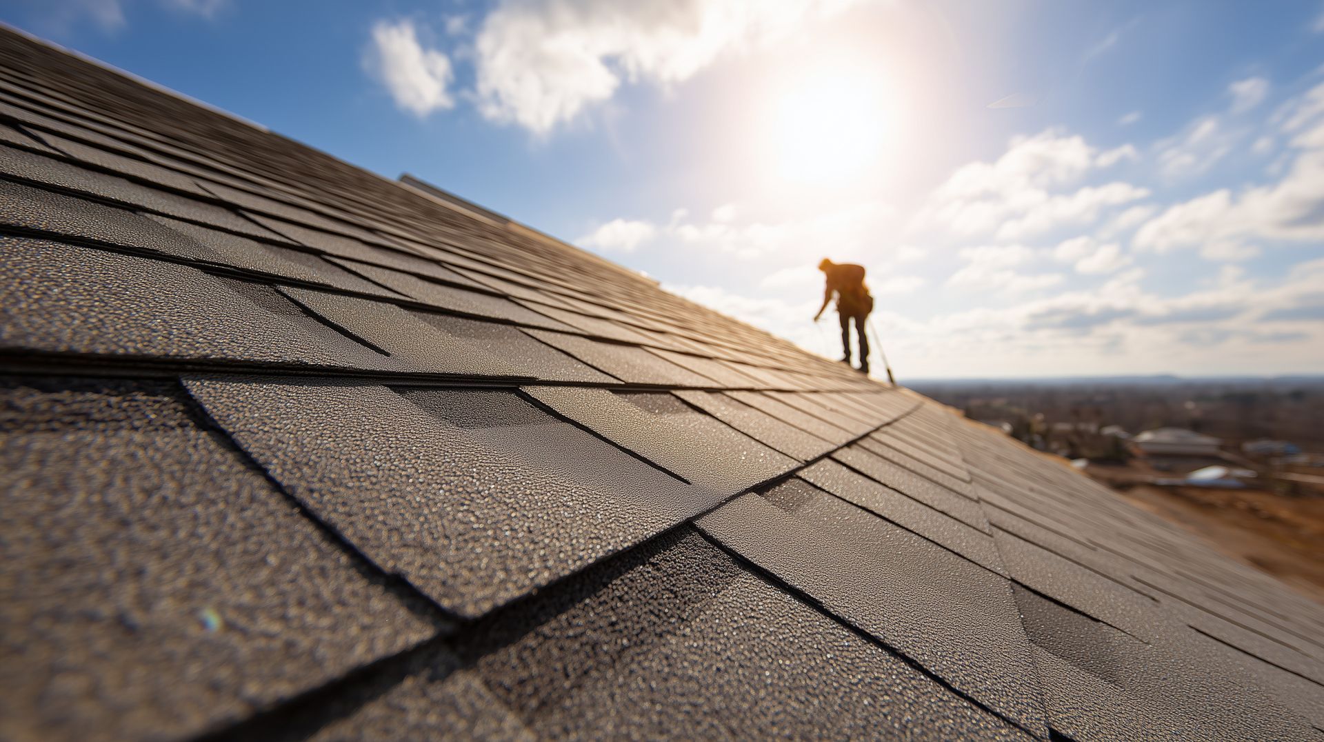 Worker silhouetted on rooftop, inspecting shingles under bright sun. Worker silhouetted on rooftop, inspecting shingles under bright sun.