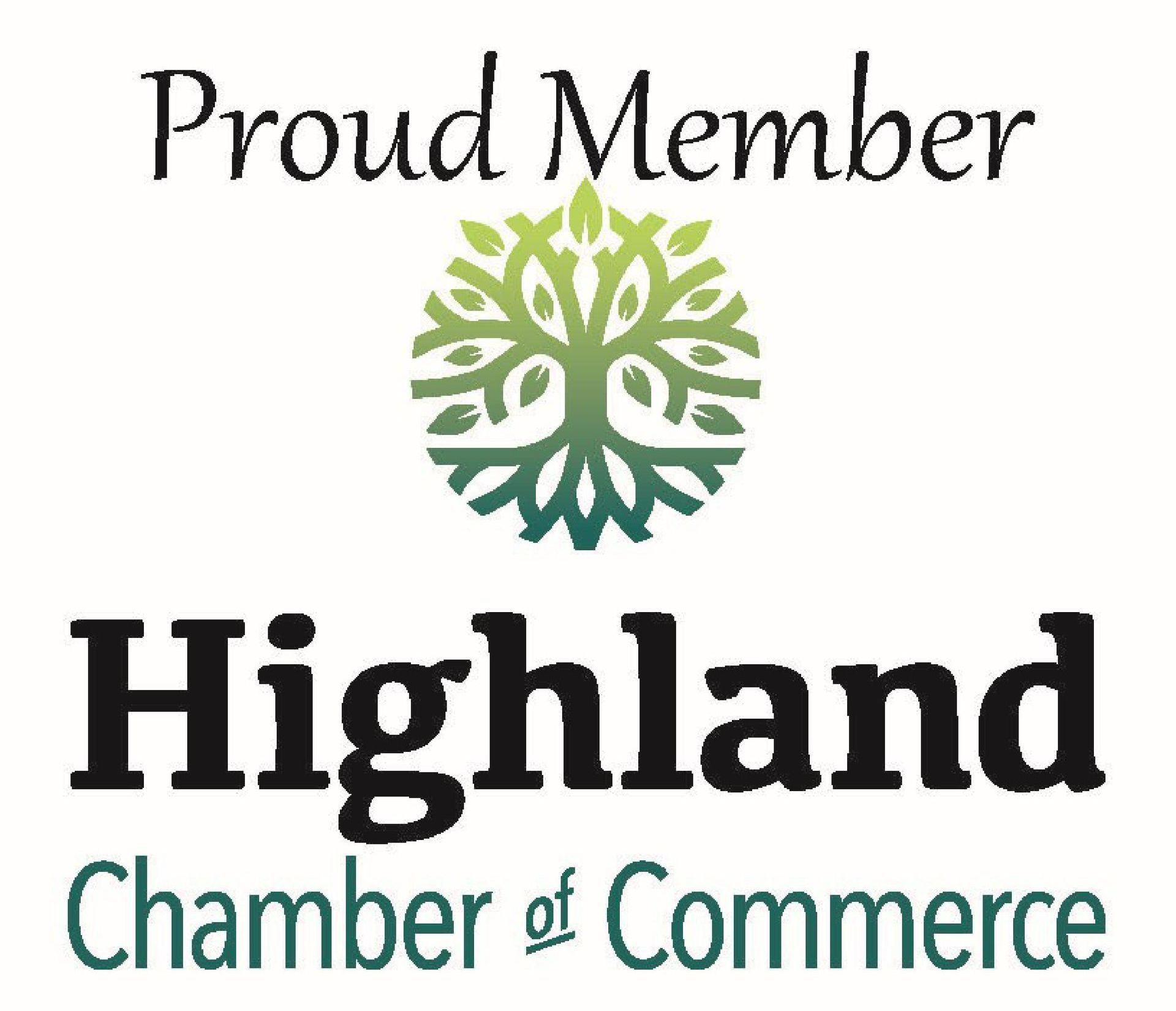 Proud Member logo for Highland Chamber of Commerce with green tree emblem and black text