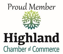 Proud Member logo for Highland Chamber of Commerce with green tree emblem and black text