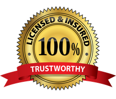 Gold “Licensed & Insured 100% Trustworthy” seal with red ribbon banner