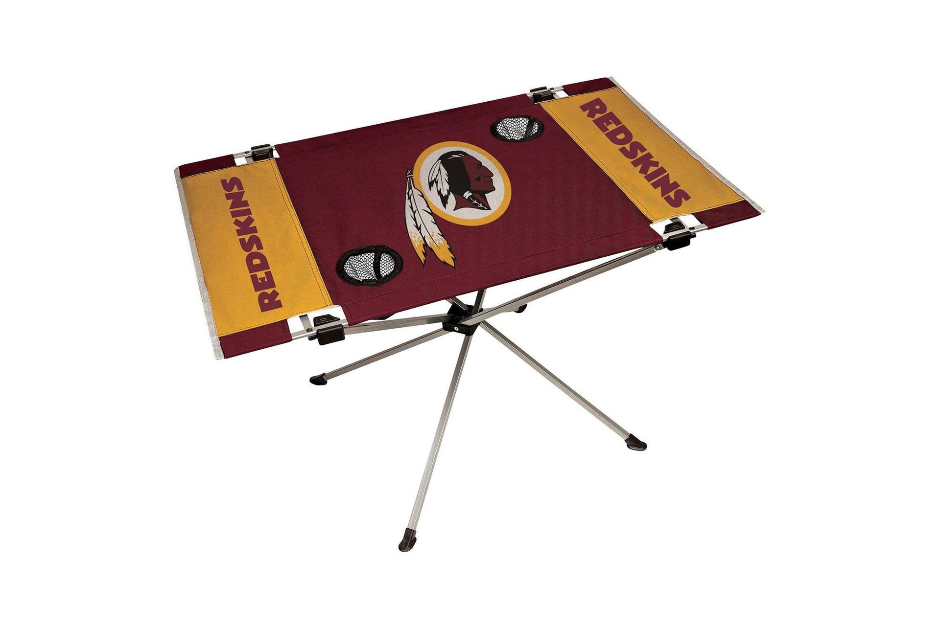 A burgundy and gold Washington Redskins branded folding table with a tripod-style metal base on a white background.