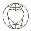 A globe with a heart in the middle of it.